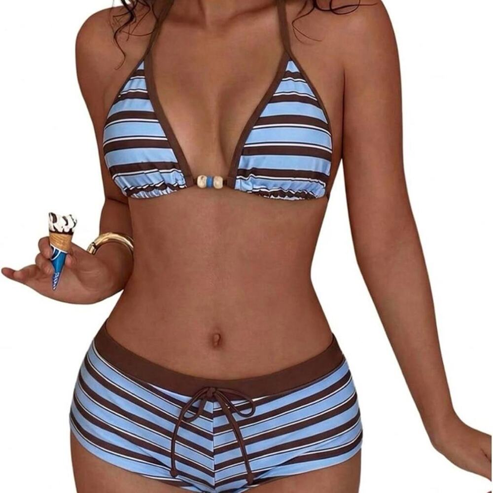 Brown and light blue horizontal bikini with shorts